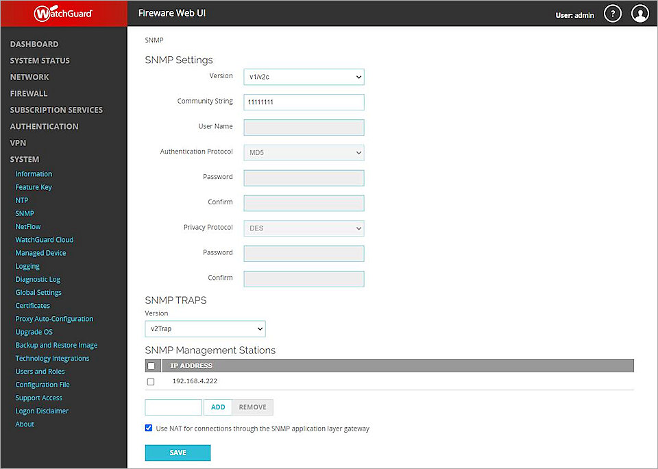 Screen shot of the configured SNMP settings